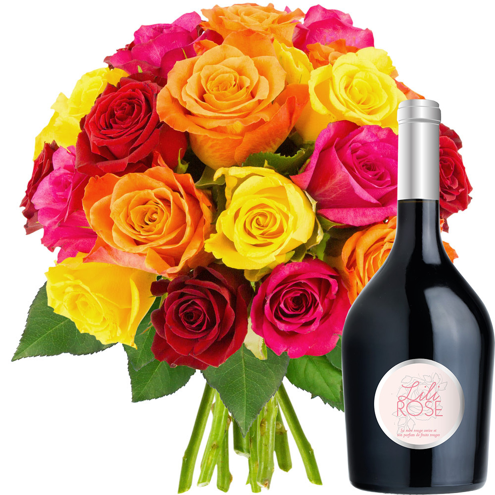 Cadeaux insolites 20 ROSES MULTICOLORES + VIN ROUGE LILI ROSE