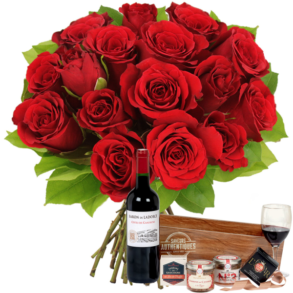 Cadeaux Gourmands 15 ROSES ROUGES + SAVEURS AUTHENTIQUES