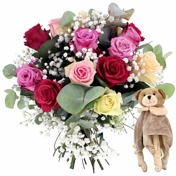 Fleurs et cadeaux FLEUR DE ROSE + DOUDOU OURSON