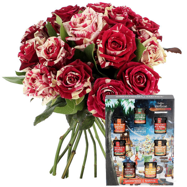 Fleurs et cadeaux 15 ROSES ARLEQUIN + GOURMANDISES À TARTINER