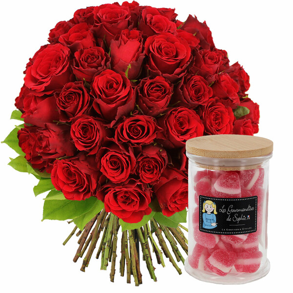 Fleurs et cadeaux 50 ROSES ROUGES + BONBONS COEUR CERISE